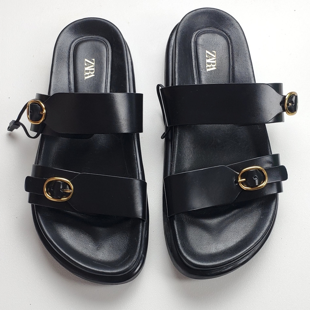 Zara Black Leather Buckle Strap Sandals